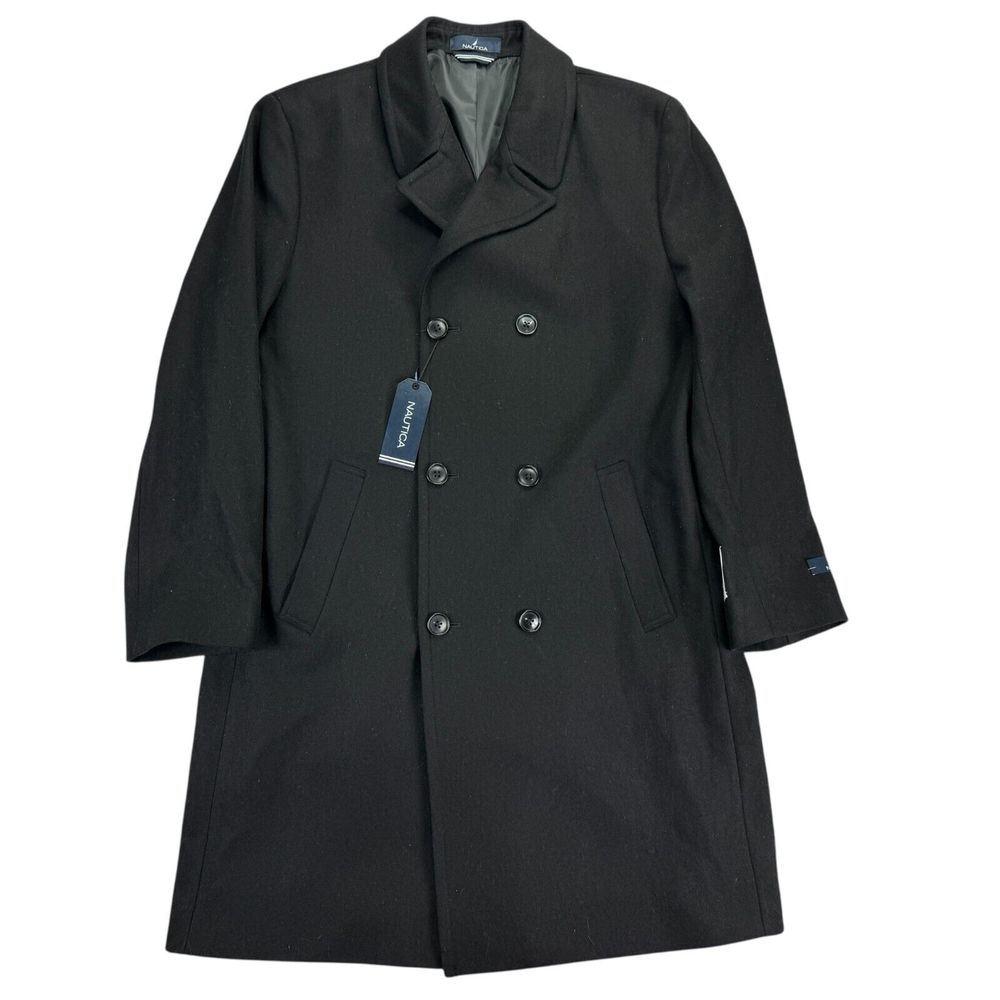 Nautica Mens Classic Fit Double-Breasted Wool Overcoat Black 42L